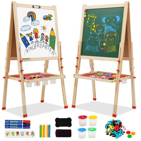 Kids Easel Double Sided Wooden Art Easel with Whiteboard & Chalkboard Height Adjustable Standing Toddler Easel with Magnet Stickers Education Gift for Boys Girls Toddler Ages 3+, Easels - Amazon Canada Toddler Easel, Whiteboard Stand, Kids Art Easel, Paint Cups, Standing Easel, Kids Easel, Kids Learning Toys, Magnetic Whiteboard, Magnetic Chalkboard