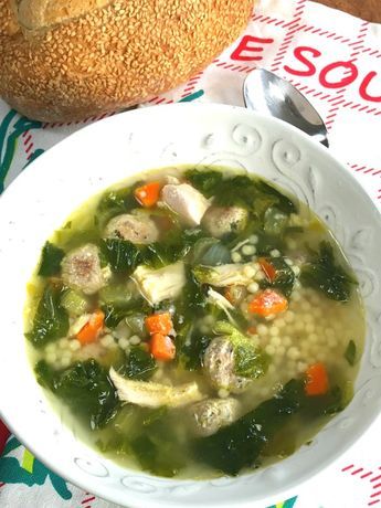 Italian Wedding Soup with Escarole and Mini Meatballs - Proud Italian Cook Chicken Escarole Soup, Soup With Escarole, Soup Meatball, Sunday Soup, Escarole Soup, Ground Turkey Meatballs, Italian Wedding Soup Recipe, Mini Meatballs, Wedding Soup