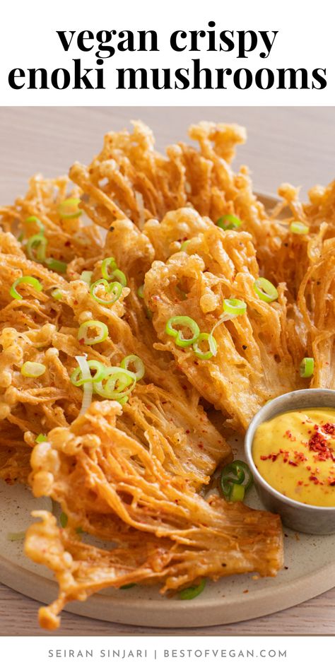 Get ready for the ultimate flavor explosion! 🎆 These Crispy Enoki Mushrooms with Amba Mayo recipe will take your taste buds on a mouthwatering journey. This is a dish you won't forget! 🤤 Get the full recipe now 👉 Crispy Enoki Mushrooms, Fried Jackfruit, Enoki Mushroom Recipe, Asian Dessert Recipes, Enoki Mushrooms, Mayo Recipe, Burnt Toast, Vegan Ideas, Chinese Takeout