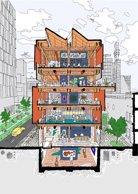 Drawing Architecture Studio, Synthesis Drawing Architecture, Section Design Architecture, Creative Hub Design, Community Hub Architecture, Creative Hub Architecture, Community Space Architecture, Cultural Hub Architecture, Community Centre Architecture