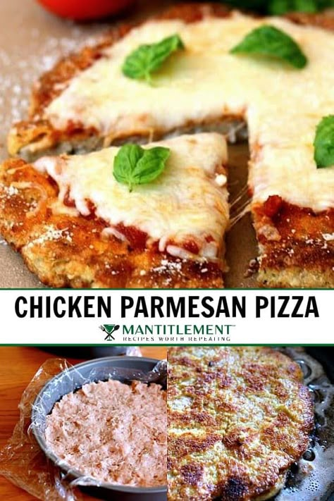 Chicken Parmesan Crust Pizza, Chicken Parm Pizza Recipe, Cheesecake Factory Chicken Parmesan Pizza Style, Chicken Parmesan Pizza Crust, Chicken Parm Pizza Crust, Cheesecake Factory Chicken Parm Pizza, Ground Chicken Pizza Crust Recipe, Ground Chicken Parmesan Patties, Chicken Parmesan Pizza Style