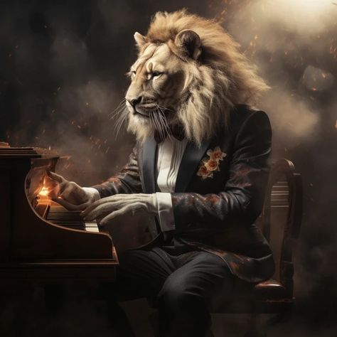 Image Free Download | An oil painting shows a lion in a suit playing the piano, montage photography, Surrealism, 64K, HDR Photography Surrealism, Montage Photography, Lion Artwork, Playing The Piano, Health Clinic, Men’s Health, A Lion, The Piano, Pet Portraits