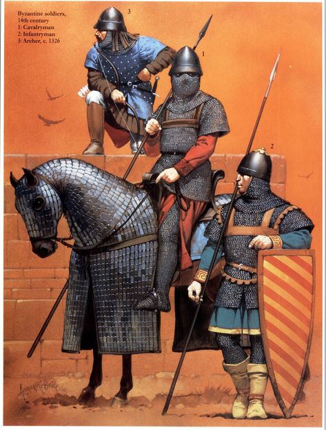 14th Century Byzantine Soldiers Byzantine Army, Deadliest Warrior, Warriors Illustration, Historical Warriors, Eastern Roman, Empire Romain, Historical Armor, Ancient Warfare, Roman Soldiers