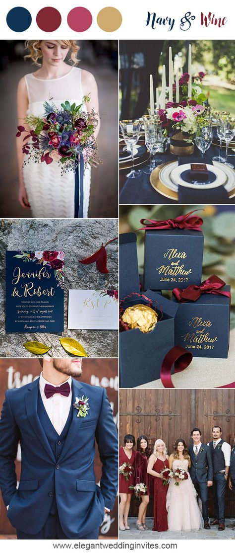 navy blue and wine red wedding colors for 2018 Maroon Wedding Colors, Wine Red Wedding, Burgundy Wedding Colors, Fall Wedding Color Schemes, Wedding Colors Red, Wedding Color Combos, Red Bouquet Wedding, Wedding Color Trends, Maroon Wedding