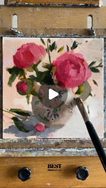 Clare Bowen Art - Plein Air on Instagram: "Step by step 🌺peony painting in oils, with brushwork & colour mixes. Hope you enjoy it!  10x10” oil on board  Sold  Using @rosemarybrushes @jacksons_art  * * #artvideo #paintingvideo #stilllife #peonies #peony #artist #art #peonypainting #pinkpeonies #peonyseason #interiorstyling #stilllifepaintings #oilpainting #impressionistart #allaprima #painting #paintings #fineart #instaart #artlover #artlover🎨 #stilllifepainting #paintingfromlife #clarebowenartiststilllife" Oil Painting Flowers Realistic, How To Paint Peonies, Allaprima Painting, Abstract Peonies, Peony Oil Painting, Clare Bowen, Peonies Artwork, Peonies Painting, Peony Drawing