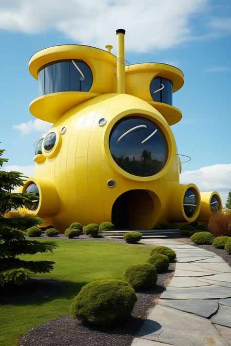 Futuristic yellow home in the shape of a submarine Afrofuturistic Architecture, Futuristic Architecture Home, Utopian Architecture, Futuristic Home Design, Futuristic Gadgets, Homes Architecture, Futuristic House, Exotic Homes, Architecture Aesthetic