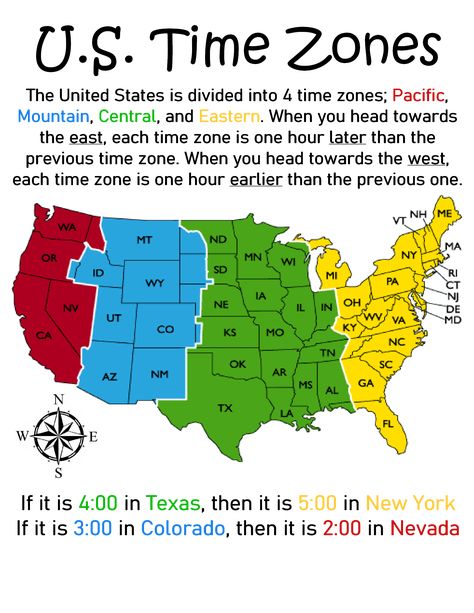 Usa Time Zone Map, U.s. History, How To Study Geography, Usa Facts, Time Zone Map, Government Lessons, Teaching Government, States And Capitals, Homeschool Social Studies