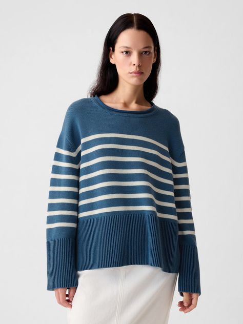 Soft cotton sweater.  Roll neck.  Long sleeves.  Split hem.  Certain styles have allover prints.  * Fit: Over Internet Famous, Azul Indigo, Roll Neck Sweater, Cute Summer Outfits, Roll Neck, Split Hem, Cotton Sweater, Blue Sweaters, Stripe Sweater