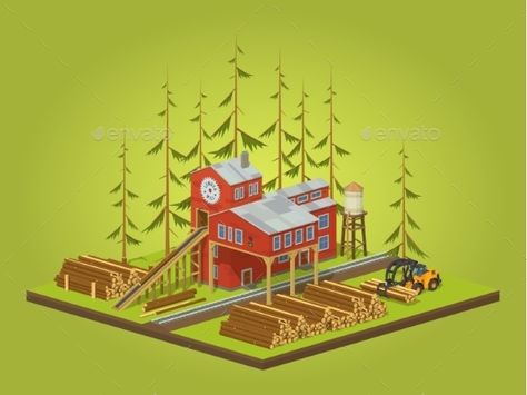 Lumber mill. Sawmill building. 3D lowpoly isometric vector concept illustration suitable for advertising and promotion Lumber Mill Concept Art, Lumber Mill Minecraft, Minecraft Lumber Mill, Minecraft Sawmill, Industry Infographic, Industry Illustration, Desert City, Logging Industry, Lumber Mill