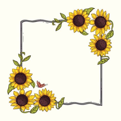 Sunflower Border Design Drawing, Sunflower Boarder Design, Sunflower Border Frames, Free Hand Designs Drawing, Sunflower Border Design, Frame Drawing Ideas, Border Design Flower, Border Design Ideas, Flower Border Design