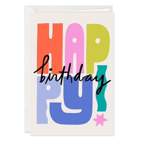 Creating a custom Hallmark card is easy with this card template. Upload your photos and add a message to send a personalized and unique birthday greeting to someone special. Design features bold and colorful lettering. Vertical folded card. | Includes one card and one envelope with a Gold Crown seal. Envelope color may vary. | May require extra postage | Card pkg. size: 6.56" W x 9.44" H Birthday Cards 40 Years, Birthday Card Fonts, Cards For Best Friends Birthday, December Birthday Cards, 22 Birthday Card, Happy Bday Card, Happy Birthday Gift Card, Happy Birthday Cards Images, Easy Birthday Cards Diy