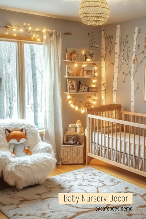 A cozy woodland-themed nursery featuring a rustic wooden crib, tree wall decals, shelves with fairy lights, a fluffy chair with a fox plushie, and a soft rug. The room has a large window bringing in natural light, creating a serene and inviting atmosphere. *We may earn a small commission from your purchase. 💕 Treehouse Nursery Theme, Gender Neutral Nature Nursery, Nursery Fairy Lights, Whinny Pooh Nursery, Woodland Themed Nursery Girl, Woodland Theme Nursery Gender Neutral, Calming Nursery Ideas, Christian Baby Nursery, Unisex Baby Nursery Ideas