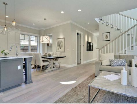 Wall color is BM Halo <3  Island color is Benjamin Moore Kendall Charcoal. Wall color is Halo. Grey Hardwood Floors, Transitional Living Room Design, Living Room Transitional, Transitional Decor Living Room, Living Room Images, Best Flooring, Transitional Living Rooms, Crown Molding, Living Room Grey