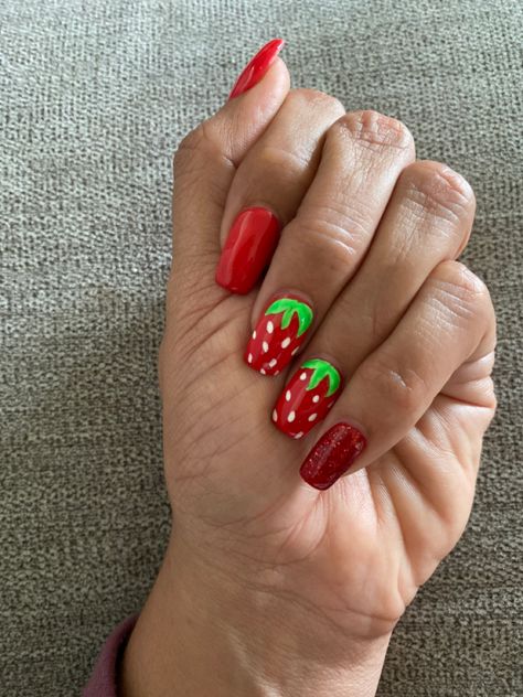 Strawberry Pedicure, Strawberry Nail Designs, Spring Nails Strawberries, Strawberry Manicure Nails, Strawberry Theme Nails Acrylic, Strawberry Nails Designs, Short Nail Designs Strawberry, Strawberry Nails Acrylic, Strawberry Accent Nail