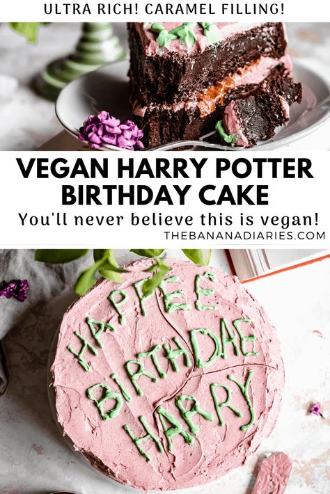 The ultimate vegan Harry Potter Birthday Cake for all witches and wizards! Ultra rich vegan chocolate cake layered with caramel and vegan frosting! #harrypotter #vegan #glutenfree #dairyfree #thebananadiaries Vegan Harry Potter Recipes, Vegan Harry Potter, Birthday Cake Vegan, Chocolate Cake With Caramel, Cake With Caramel Sauce, Gluten Free Vegan Recipes Desserts, Harry Potter Snacks, Vegan Dessert Bars, Banana Diaries