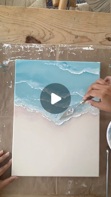 Texture Waves Painting, Diy Beach Canvas Painting, Ocean Waves Art Illustration, Textured Canvas Art Waves Diy, Wave Texture Art, Beach Texture Painting, How To Paint Ocean Waves, Waves Painting Simple, How To Paint Sea