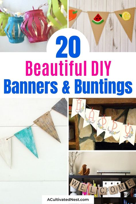 20 Beautiful DIY Banners and Buntings- For a budget-friendly way to spruce up your home for different seasons, holidays, and parties, check out these beautiful DIY banners and buntings! | homemade banner craft, #diyProject #craftIdeas #diyBunting #diyBanner #ACultivatedNest Holiday Banners Diy, Homemade Banners Diy, Buntings And Banners, Diy Flag Banner, Homemade Banner, Diy Banner Template, Homemade Banners, Banner Craft, Diy Banners