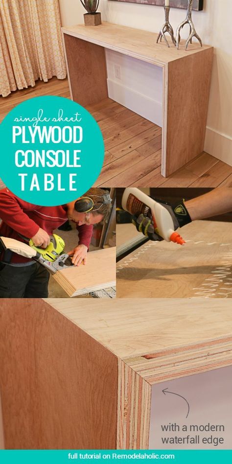 DIY Single Sheet Stacked Plywood Console Table With Modern Waterfall Edge | Free tutorial and building plan #plywoodpretty Homemade Sofa, Plywood Diy, Modern Waterfall, Diy Waterfall, Diy Console, Plywood Projects, Diy Kitchen Table, Diy Console Table, Building Plan