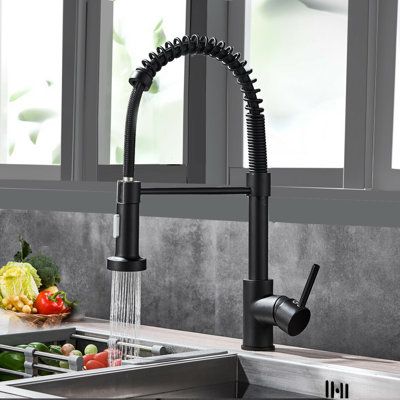 The pull-down, dual action spray head on the Pull-Down Spray Black Kitchen Faucet allow is just what you're looking for in a functional kitchen faucet. The dual-functionality allows for your choice of aerated flow or powerful spray for all your modern kitchen needs. The 360° swivel spout, can be extended, for extra maneuverability and ease of use. It's the best choice for your home. | rozin Pull Down Single Handle Kitchen Faucet in Black | Wayfair Gold Sink Faucet, Wet Bar Sink, Black Kitchen Faucet, Farmhouse Sink Faucet, Kitchen Faucets Pull Down, Bar Faucet, Black Taps, Black Kitchen Faucets, Kitchen Needs