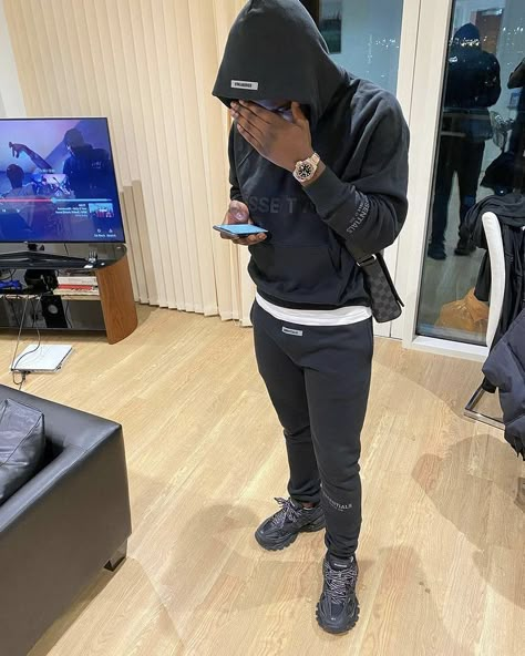 Black Essentials Hoodie Outfit Men, Grey Essentials Hoodie Outfit Men, Essentials Tracksuit Outfit Men, All Black Fits Men, Balenciaga Track Outfit Men, Essentials Hoodie Outfit Men, Uk Drip Outfits Men, Men Tracksuit Outfit, Essentials Hoodie Outfit