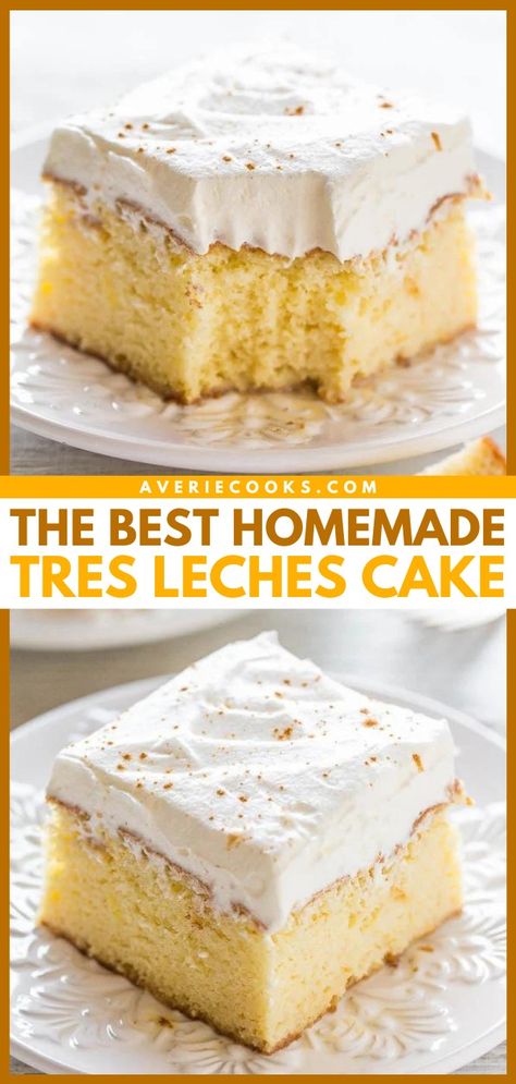 Tres Leches Cake (Easy Recipe!) - Averie Cooks Best Tres Leches Cake, Easy Tres Leches Cake, Easy Tres Leches, Tri Lece, Tres Leches Recipe, Cream Poke Cake, Three Milk Cake, Cake Recipes For Beginners, Tres Leches Cake Recipe