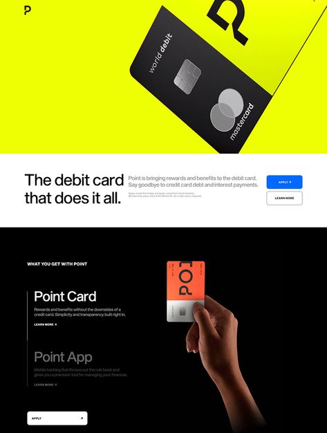 Point is bringing rewards and benefits to the debit card. Say goodbye to credit card debt and interest payments. Credit Card Website Design, Credit Card Poster, Credit Card Mockup, Credit Card Advertising, Credit Card Designs, Credit Card Website, Professional Landing Page, Debit Card Design, Credit Card Design