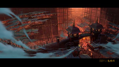 ArtStation - Hidden Ghost City, WANG JIE XIANG City Concept Art, Ghost City, China Architecture, Composition Photography, Matte Painting, Fantasy Art Landscapes, Fantasy Concept Art, Digital Art Illustration, 판타지 아트