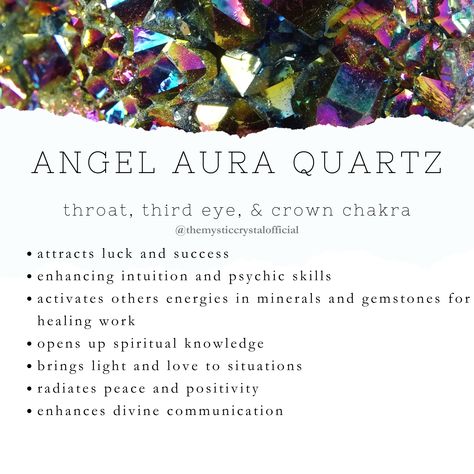 Find out more information about Angel Aura Quartz's on my website. Follow the link for more details. Ethically sourced crystals are available for sale there as well! Don't forget to subscribe to our newsletter Angel Aura Quartz Meaning, Aura Quartz Meaning, Quartz Meaning, Witch Things, Healing Rocks, Aura Healing, Titanium Aura Quartz, Witch Stuff, Crystal Properties