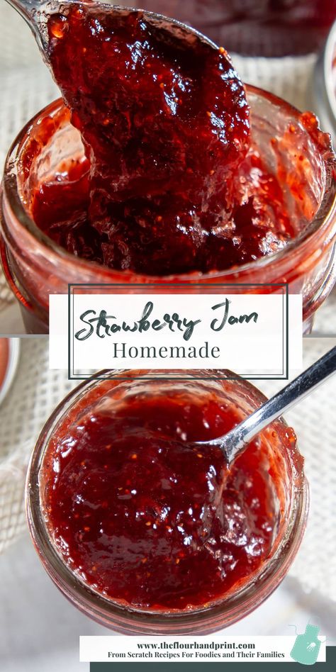 Homemade strawberry jam canning is a great way to preserve summer strawberries or use up the big bags of frozen strawberries in your freezer. Easy strawberry jam recipes like this one use just 3 ingredients to create a sweet, fruity strawberry jam with pectin that has a consistent, spreadable texture. Canning strawberry jam is easy when you follow the proper steps and take your time and it’s a great way to preserve strawberries long after summer has passed. Shelf Stable Strawberry Jam, Jam Recipes Homemade For Canning, Strawberry Peach Jam Recipe, Easy Homemade Jelly Recipes, Canning Strawberry Jam With Pectin, Strawberry Jam Frozen Strawberries, Certo Strawberry Jam, Strawberry Jam Recipe Canning No Pectin, Fresh Strawberry Jam Recipes