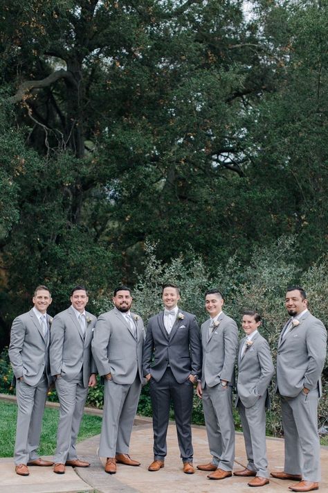 Gray Wedding Tuxedo For Men, Gray Groom And Groomsmen Attire, Groomsmen Gray Attire, Light Grey Groomsmen Suits Color Schemes, Groomsmen Attire Suits, Groom In Different Suit Than Groomsmen, Groom And Groomsmen Attire Grey, Spring Wedding Tux Colors, Groom Different From Groomsmen