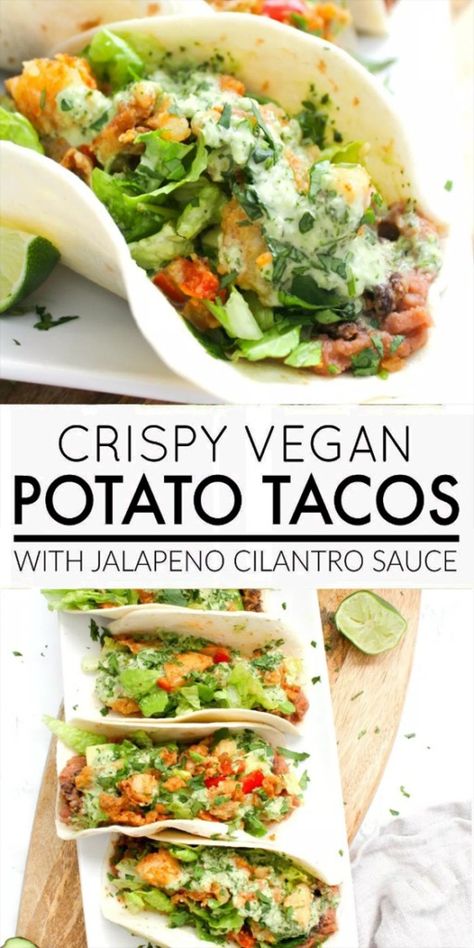 Crispy Vegan Potato Tacos with Jalapeno Cilantro Sauce - Countsofthenetherworld.com Cilantro Potatoes, Jalapeno Cilantro Sauce, Vegan Potato Tacos, Spanish Foods, Vegetarian Ideas, Vegan Enchiladas, Meatless Meal, Potato Tacos, Cilantro Sauce