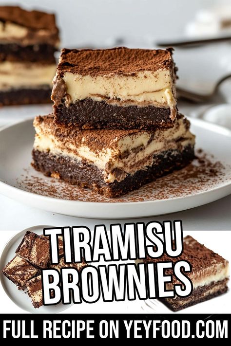 Tiramisu Brownies - Yeyfood.com: Recipes, cooking tips, and kitchen hacks for home cooks of all levels Frozen Tiramisu Dessert, Caramel Tiramisu Recipe, Tirimasu Brownie, Brownie Tiramisu Recipe, Tres Leches Tiramisu, Cool Desert Ideas, Best Italian Desserts, Tiramisu Dessert Ideas, Thick Brownies Recipes