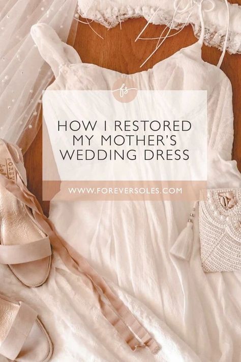 Clean Vintage Wedding Dress, How To Restore Old Wedding Dress, Wedding Dress Redo Ideas, How To Clean A Wedding Dress, Reconstructed Wedding Dress, What To Do With Moms Wedding Dress, Vintage Wedding Dress Alterations, Altering Wedding Dress, 80s Wedding Dress Redone