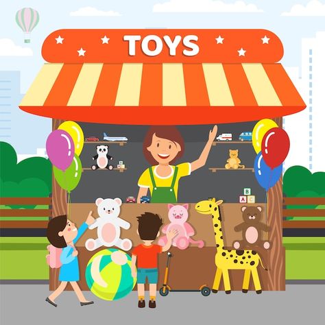 Carnival Birthday Party Theme, Toys Market, Diy Straw, Kids Cartoon Characters, Kids Toy Shop, Class Displays, 3d Art Drawing, Flashcards For Kids, Flat Vector Illustration