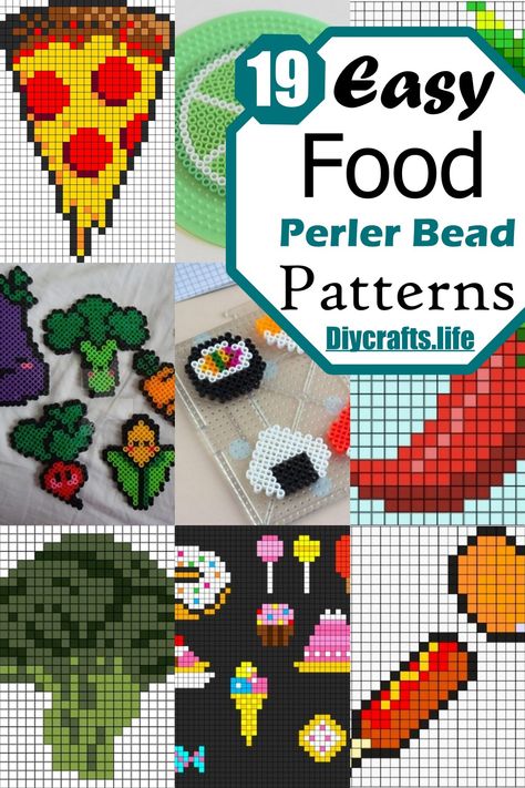 Make fun designs on your table or fridge with these Food Perler Bead Patterns. It will be a super fun activity to keep kids entertained for hours and surely be a great option to inspire your cognitive skills for motor development. Perler Bead Word Patterns, Cute Food Perler Bead Patterns, Pickle Perler Bead Pattern, Perler Bead Food Patterns, Food Perler Bead Patterns, Pearler Beads Designs Ideas, Beading Patterns Free Tutorials, Melty Bead Designs, Patterns For Kids