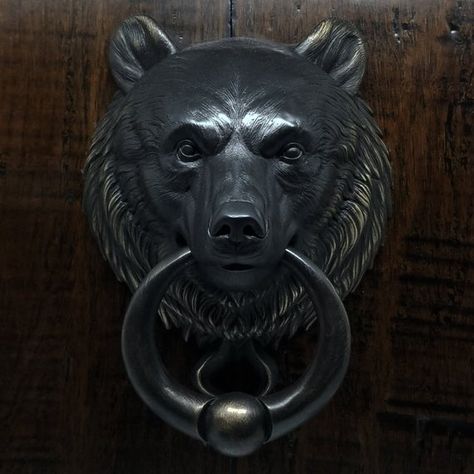 Whether you worship these awesome beasts for their sheer magnanimity, as a god, an ancestor, a warning or a simple metaphor, this incredible hand sculpted bear head door knocker is what’s missing in your life. Long revered, bears are critical players in mythologies all over the world. This piece is cast entirely in bronze featuring a durable, bronze door knocker Ball ring. The bear head door knocker is crafted entirely in high-quality bronze is designed to be mounted to your door with ease. Lion Door Knocker, Largest Lion, Door Knobs And Knockers, Sterling Silver Skull Rings, Bear Head, Lion Face, Unique Sculptures, My Art Studio, All About Animals