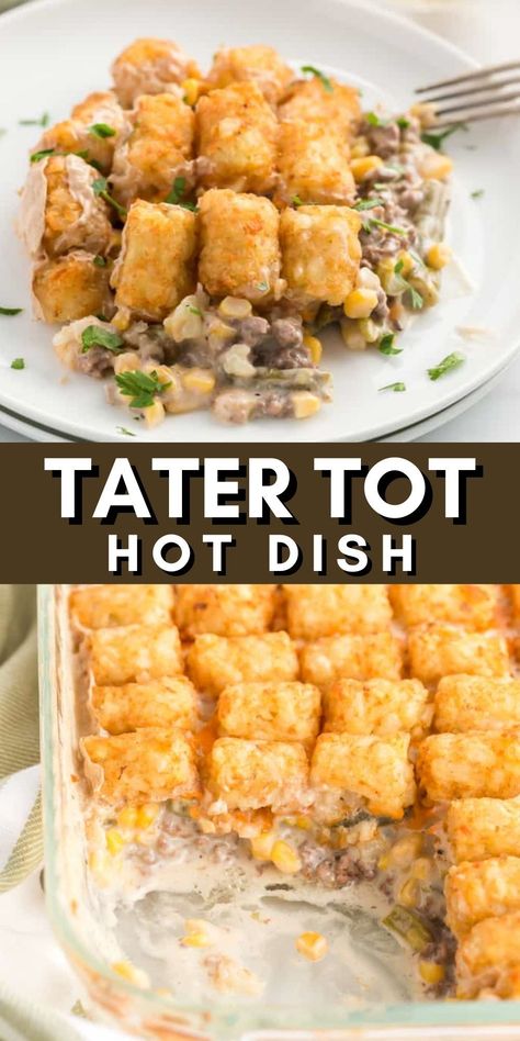 My Tater Tot Hot Dish is the ultimate comfort food casserole, combining crispy potato tots with a savory, homemade filling. This easy and quick meal is a simple delight that can be whipped up in no time, making it a perfect weeknight dinner or side dish. Delve into the warm, hearty goodness of this classic homemade comfort food. Essen, Tater Tot Hot Dish, Comfort Food Casserole, Easy Tater Tot Casserole, Tater Tot Hotdish, Easy Tater Tots, Hotdish Recipes, Tater Tot Recipes, Hamburger Dishes