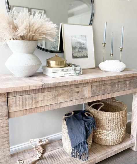 Coastal Entryway Ideas, Style An Entryway, Entryway Styling, Coastal Entryway, Faux Stems, Entryway Style, Dark Wood Table, Modern Coastal Home, Entry Table Decor