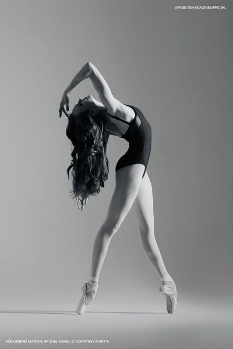 In this black and white ballet photo, Alexandra Martin stands in fourth position and arches her head back, her long hair flowing behind her. She wears a dark leotard and reaches her right hand back towards her forehead, her eyes closed. Keywords = ballerina, ballerina photography, ballerina pointe shoe, pointe shoe ballet Ballet Photography Poses, Artists Instagram, Photo Shoot Tips, Portfolio Photo, Dance Picture Poses, Dance Photo Shoot, Ballet Pointe, Dancer Poses, Ballet Beauty