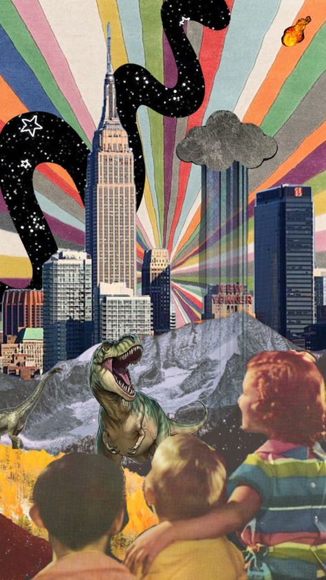 #dream #vintage #dinosaur #city #art #colorful #landscape #surrealism Surreal City Art, Colorful Surrealism, Vintage Dinosaur, Surreal Collage, Inspo Pics, Class Projects, Art Colorful, City Buildings, Colorful Landscape