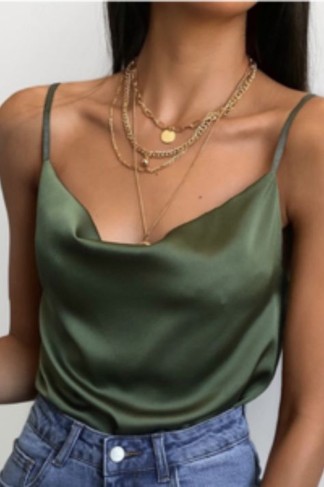 Women’s cute tops Marie Von Behrens, Olive Top, Satin Camisole, Sleeveless Tops, Satin Slip, Rainy Day Outfit, Satin Silk, Green Satin, Women Shirts Blouse