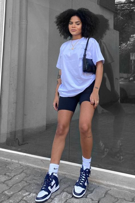 Biker Shorts And Jordans Outfit, Shorts And Shirt Outfit Women, Blue Biker Shorts Outfit, Outfits Shorts Jeans, Jeans Shorts Outfits Women, Nike Short Outfits, Jordans And Jeans, Styling Biker Shorts, Air Force 1 Outfit Women