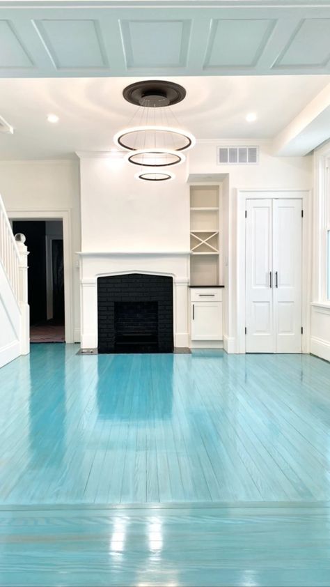 Blue Painted Floor, Aqua Door, Blue Floor Tile, Faux Wood Flooring, Wood Refinishing, Beach Street, Aqua Paint, Airbnb Design, Refinishing Hardwood Floors