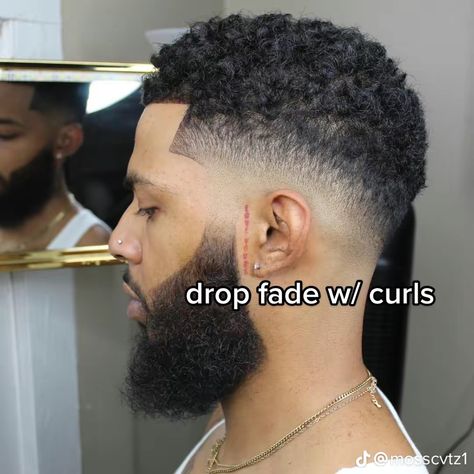 Mixed Mens Haircut, Burst Fade With Beard, Black Man Curly Haircut, Faded Haircut For Men Curly Hair, Black Hair Cuts Men Fade, Drop Fade With Curls, Black Men Curly Hair Fade, Shadow Fade Haircut Men Black, Mid Fade Haircut Men Black