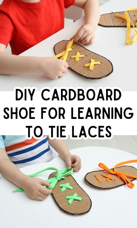 How to Tie Shoes For Kids - DIY Cardboard Lace Up Shoe to Practice - In The Playroom Diy Shoe Tie Practice, Cardboard Shoes Diy, Tie Shoes Kids Teaching, Tie Shoes Kids, Flashlight Craft, Learn To Tie Shoes, How To Tie Shoes, Baby Name Generator, How To Make Something