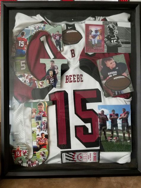 Senior High football shadow box. It is a collection of memiors from my son's football career. Shadow Box Jersey, Cheer Decor, Sports Shadow Boxes, Baseball Shadow Boxes, Sports Pictures Display, Sports Memorabilia Display, Scrabble Gifts, Senior Night Posters, Fabric Eye