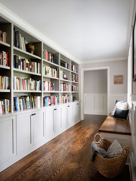 Glenwood Road | Built-in Bookshelves | Z+ Interiors In Built Bookshelf, Built In Bookshelves With Cupboards, Wall Built In Bookshelves, Living Room Built In Library, Bookshelf Wall Living Room Built Ins, Long Wall Built Ins, Wall To Wall Bookshelves Living Room, L Bookshelf, Built In Bookshelf Hallway