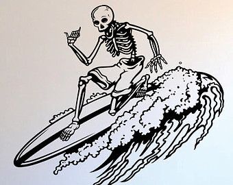 Surfer Tattoo, Surfer Design, Wall Vinyl Decals, Skeleton Artwork, Surf Tattoo, Custom Word Art, Sports Decals, Skeleton Tattoos, Beach Tattoo