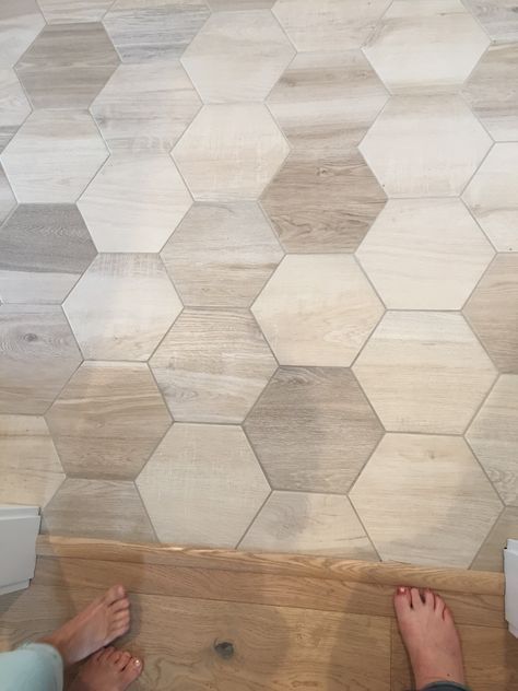 Bathroom Decor Flooring, Trendy Bathroom Floor Tile, Modern Boho Bathroom Floor Tile, Wood Look Hexagon Tile Floor, Wood And Tile Kitchen Floor, Pergo Luxury Vinyl Flooring, Dark Wood And Tile Flooring Transition, Oak Wood Bathroom Ideas, Home Sample Board