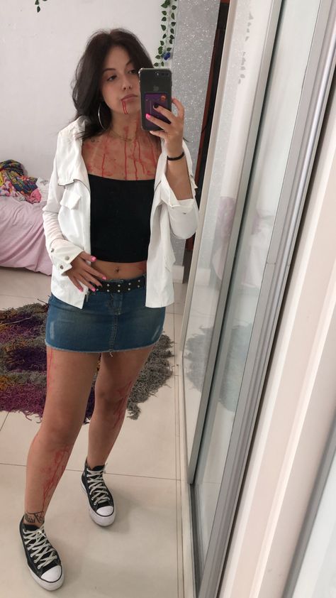 Halloween Costumes With Jean Skirt, Jean Skirt Halloween Costume, Jenifer Body Costume, Jennifers Body Costum, Jennifer Body Outfits, Jennifer Body Costume, Halloween Costumes With Jeans, Jennifer’s Body Costume, Penny Proud Costume